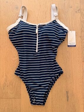 Nautica Navy and White Striped One-Piece Swimsuit with Front Zip